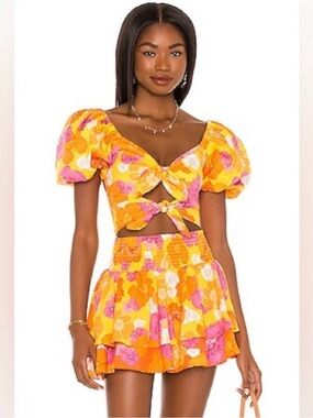 Agua Bendita Yellow Pink Orange Floral Teresa Tiered Skirt Yellow Funky Blooms